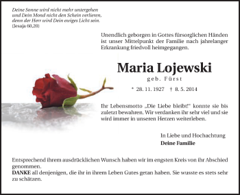 Traueranzeige von Maria Lojewski von Schwäbische Post