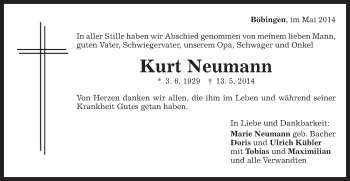 Traueranzeige von Kurt Neumann von Gmünder Tagespost