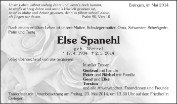 Traueranzeige von Else Spanehl von Schwäbische Post