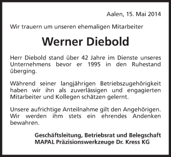 Traueranzeige von Werner Diebold von Schwäbische Post