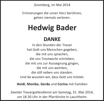 Traueranzeige von Hedwig Bader von Schwäbische Post