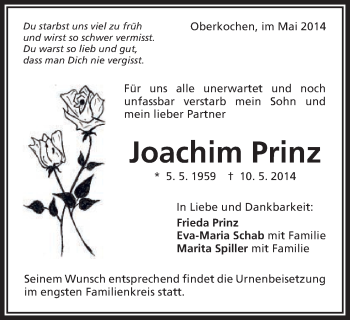 Traueranzeige von Joachim Prinz von Schwäbische Post