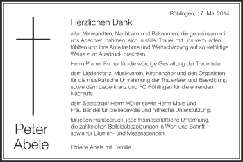 Traueranzeige von Peter Abele von Schwäbische Post