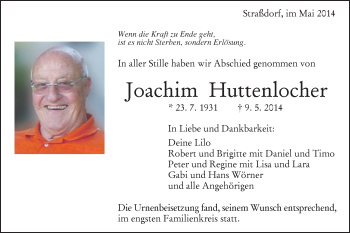 Traueranzeige von Joachim Huttenlocher von Gmünder Tagespost