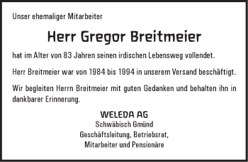 Traueranzeige von Gregor Breitmeier von Gmünder Tagespost