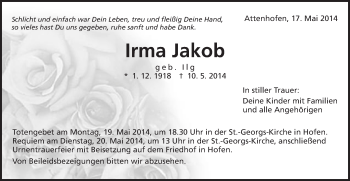 Traueranzeige von Irma Jakob von Schwäbische Post