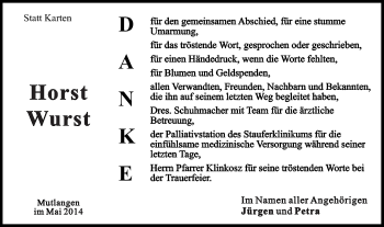Traueranzeige von Horst Wurst von Gmünder Tagespost