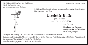 Traueranzeige von Liselotte Balle von Schwäbische Post