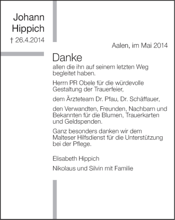 Traueranzeige von Johann Hippich von Schwäbische Post