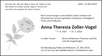 Traueranzeige von Anna Theresia Zoller-Vogel von Schwäbische Post