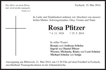 Traueranzeige von Rosa Pfitzer von Gmünder Tagespost