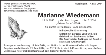 Traueranzeige von Marianne Wiedemann von Schwäbische Post