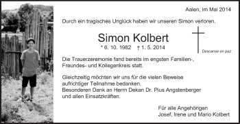 Traueranzeige von Simon Kolbert von Schwäbische Post