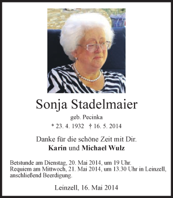 Traueranzeige von Sonja Stadelmaier von Gmünder Tagespost