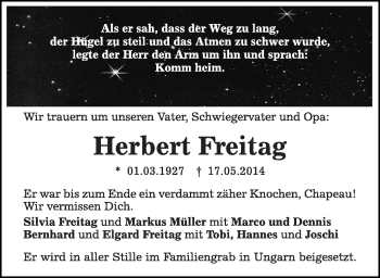 Traueranzeige von Herbert Freitag von Schwäbische Post