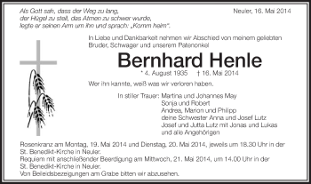 Traueranzeige von Bernhard Henle von Schwäbische Post