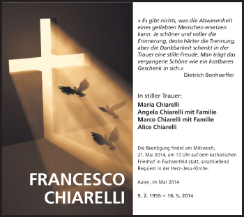 Traueranzeige von Francessco Chiarelli von Schwäbische Post
