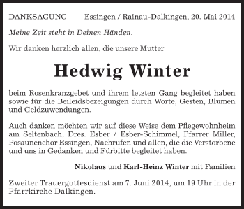 Traueranzeige von Hedwig Winter von Schwäbische Post