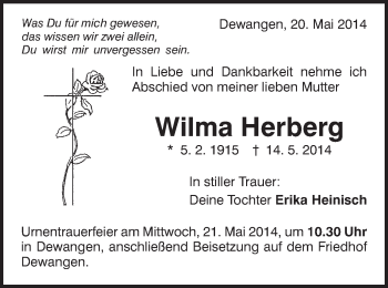 Traueranzeige von Wilma Herberg von Schwäbische Post