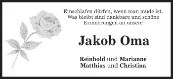 Traueranzeige von Oma Jakob von Schwäbische Post