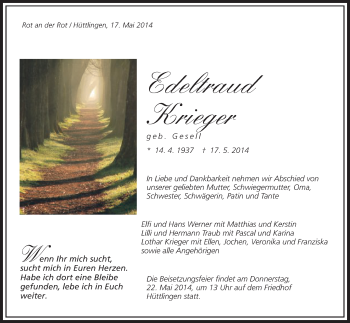 Traueranzeige von Edeltraud Krieger von Schwäbische Post