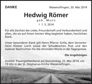 Traueranzeige von Hedwig Römer von Schwäbische Post