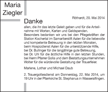 Traueranzeige von Maria Ziegler von Schwäbische Post