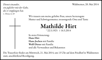 Traueranzeige von Mathilde Hirt von Gmünder Tagespost