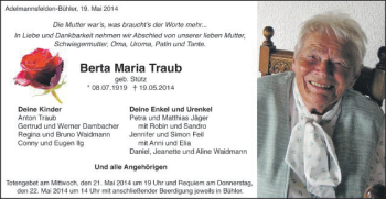 Traueranzeige von Berta Maria Traub von Schwäbische Post