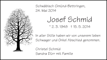 Traueranzeige von Josef Schmid von Gmünder Tagespost