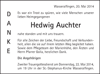 Traueranzeige von Hedwig Auchter von Schwäbische Post