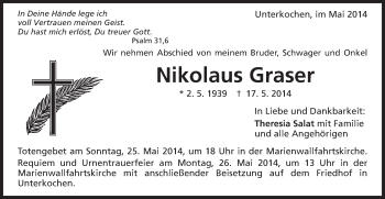 Traueranzeige von Nikolaus Graser von Schwäbische Post