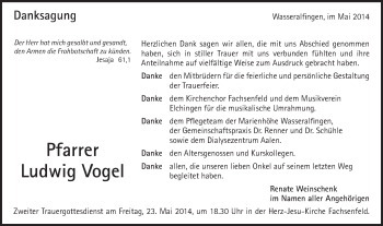 Traueranzeige von Ludwig Anton Vogel von Schwäbische Post