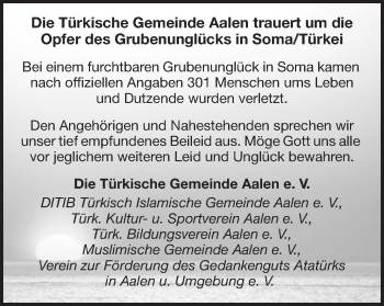 Traueranzeige von Gedenken des Grubenunglücks in SomaTürkei von Schwäbische Post
