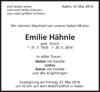 Traueranzeige von Emilie Hähnle von Schwäbische Post
