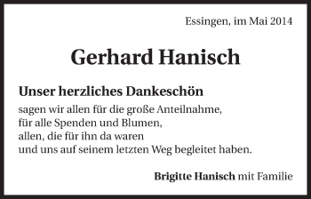 Traueranzeige von Gerhard Hanisch von Schwäbische Post