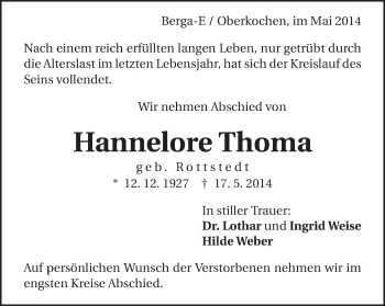 Traueranzeige von Hannelore Thoma von Schwäbische Post