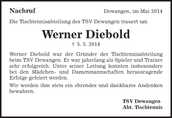 Traueranzeige von Werner Diebold von Schwäbische Post