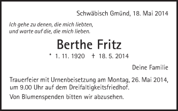 Traueranzeige von Berthe Fritz von Gmünder Tagespost