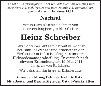 Traueranzeige von Heinz Schreiber von Schwäbische Post