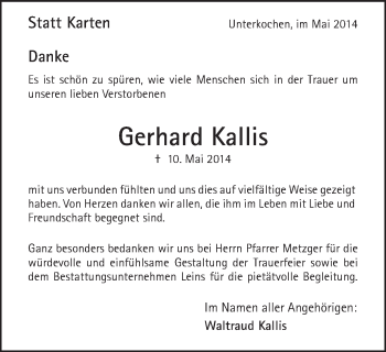 Traueranzeige von Gerhard Kallis von Schwäbische Post