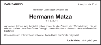 Traueranzeige von Hermann Matza von Schwäbische Post