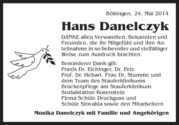 Traueranzeige von Hans Danelczyk von Gmünder Tagespost