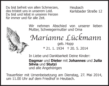 Traueranzeige von Marianne Lückmann von Gmünder Tagespost