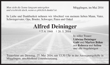 Traueranzeige von Alfred Deininger von Gmünder Tagespost