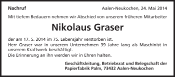 Traueranzeige von Nikolaus Graser von Schwäbische Post