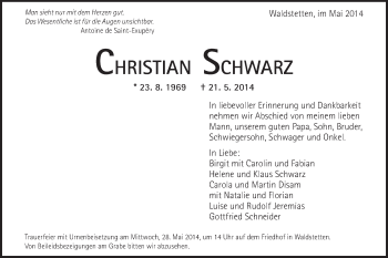 Traueranzeige von Christian Schwarz von Gmünder Tagespost