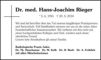 Traueranzeige von Hans-Joachim Rieger von Schwäbische Post