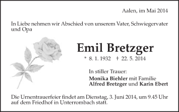 Traueranzeige von Emil Bretzger von Schwäbische Post