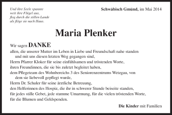 Traueranzeige von Maria Plenker von Gmünder Tagespost
